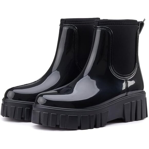 Women's Black Ankle Boots Waterproof Platform Rubber Chelsea Comfortable Shoes - Picture 5 of 6